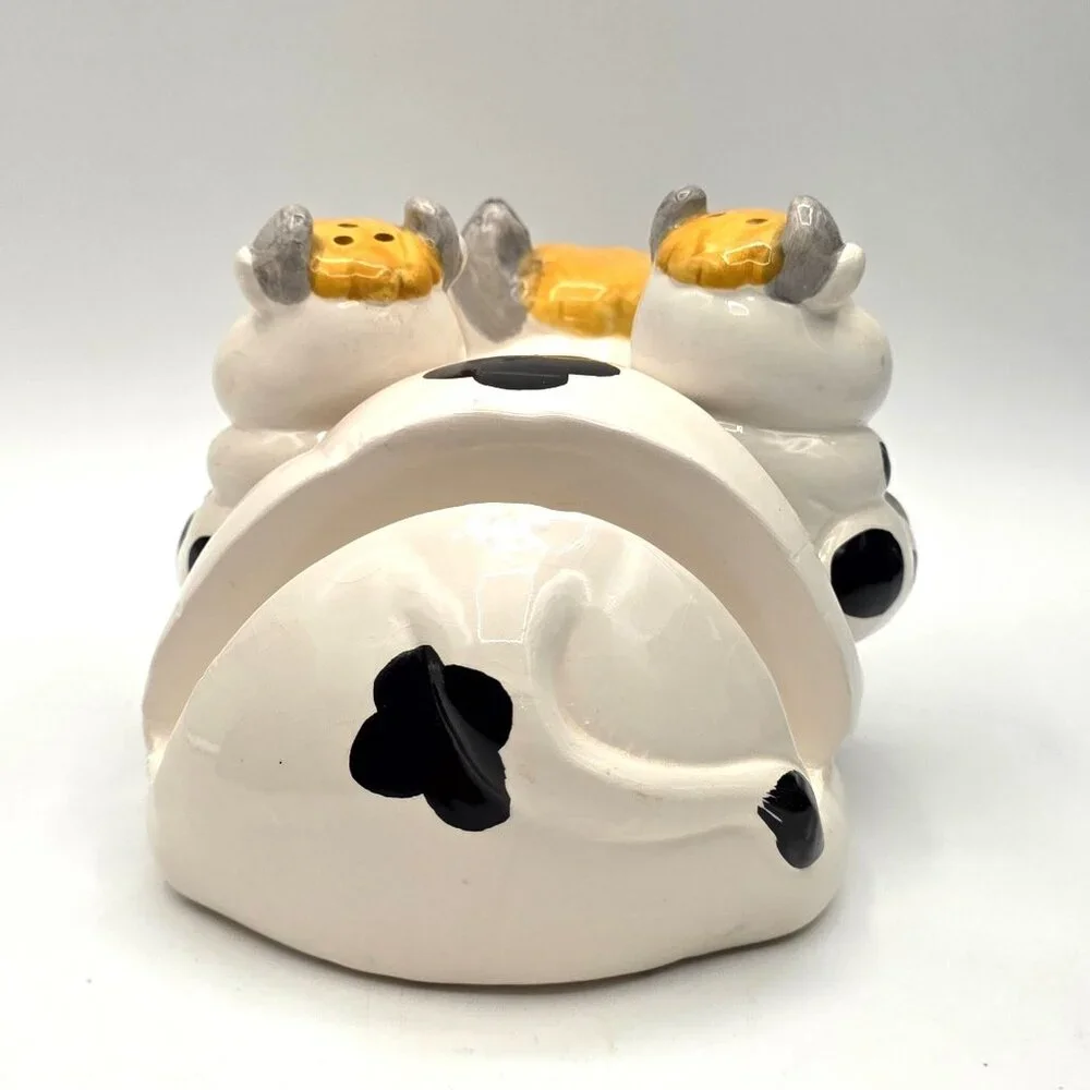 VTG Blonde Cartoon Cow and Babies Salt n Pepper Shakers Napkin Holder Set Taiwan